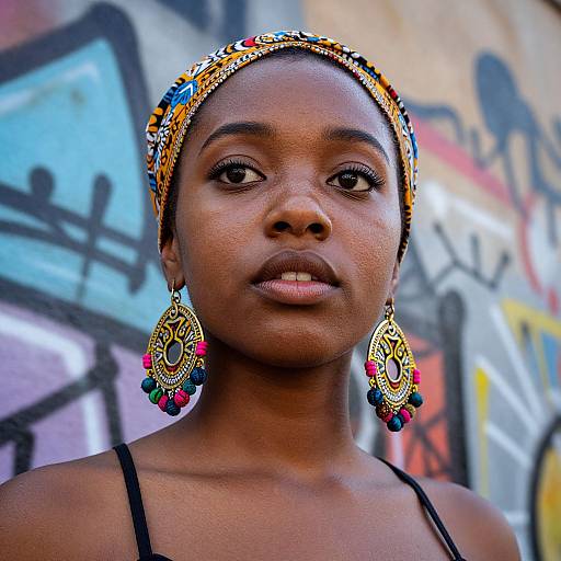 Photograph of a young Black woman with dark skin, wearing an ornate headband and colorful, intricate earrings, standing against a graffiti-covered wall.