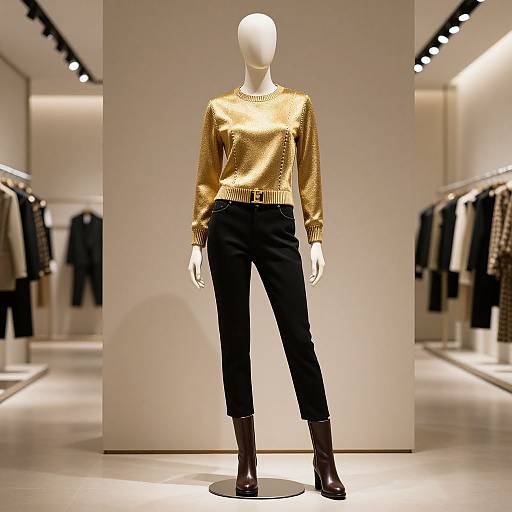 Photograph of a headless mannequin in a gold sweater, black pants, and black boots, displayed in a brightly lit, modern clothing store