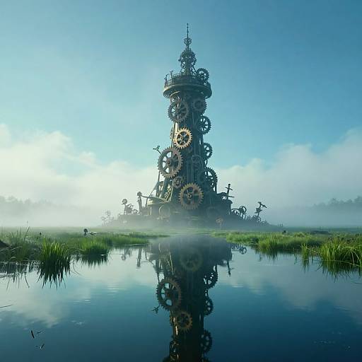 Fantasy steampunk clock tower with gears and cogs, reflected in a calm, foggy pond, surrounded by green grass and clear blue sky