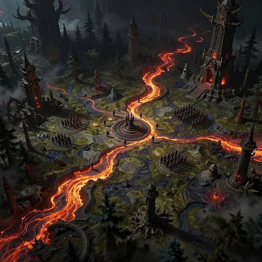 Fantasy digital art: Dark forest with glowing, fiery lava rivers winding through gothic, ruined stone towers and dark, eerie trees.