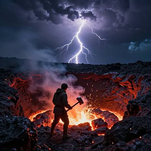 Photograph of a silhouetted figure wielding a hammer, standing over a blazing, orange-red volcanic crater, with a dramatic lightning bolt illuminating