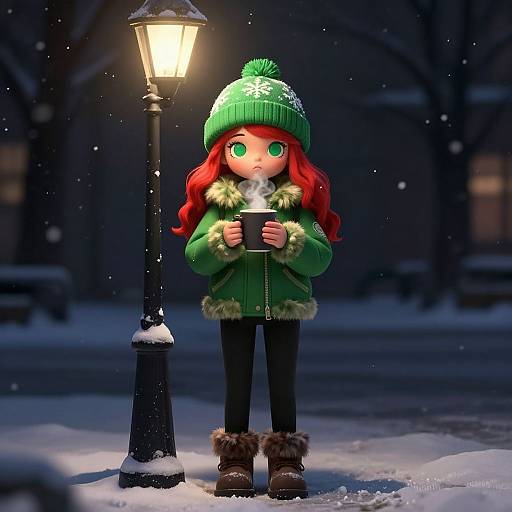 Digital art of a cute, red-haired girl with green eyes, wearing a green winter hat, coat, and boots, standing in snow under a glowing