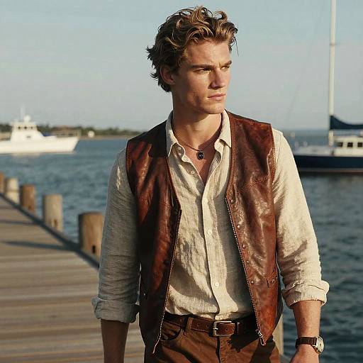 Photograph of a handsome, wavy-haired man in a brown leather vest over a white shirt, standing on a dock by the water with boats in