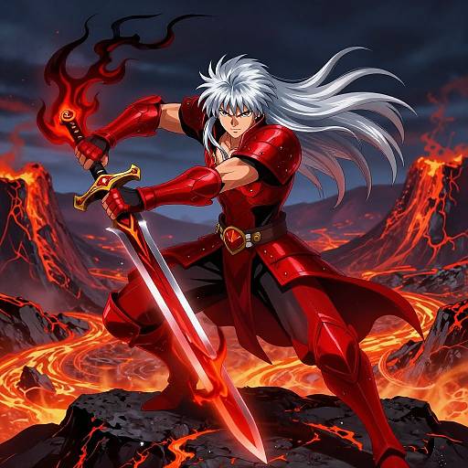 Anime-style digital illustration of a fierce, white-haired warrior with red armor, wielding a glowing sword, standing on a lava-filled volcanic landscape.