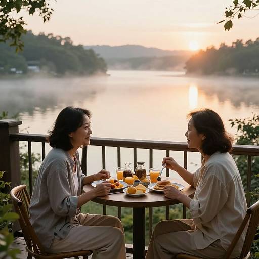 Photograph of two Asian women with shoulder-length black hair, wearing loose white shirts, laughing while dining on a balcony overlooking a misty sunrise lake.