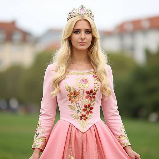 Blonde Woman in Embroidered Pink Dress