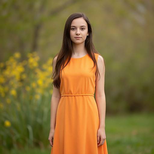 Photograph of a young woman with long brown hair, wearing a sleeveless, bright orange dress, standing in a green, blurred garden with yellow flowers