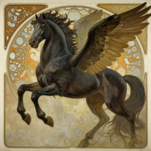 Digital painting of a powerful, black Pegasus with large, detailed wings, rearing up against a golden, circular stained glass backdrop.