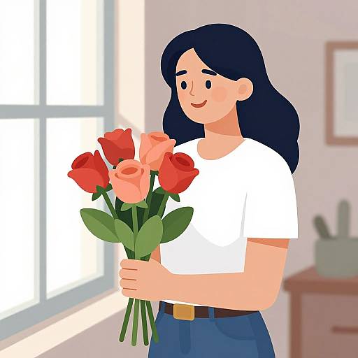 Digital illustration of a smiling woman with long black hair, wearing a white shirt and blue pants, holding a bouquet of red and orange roses, standing in