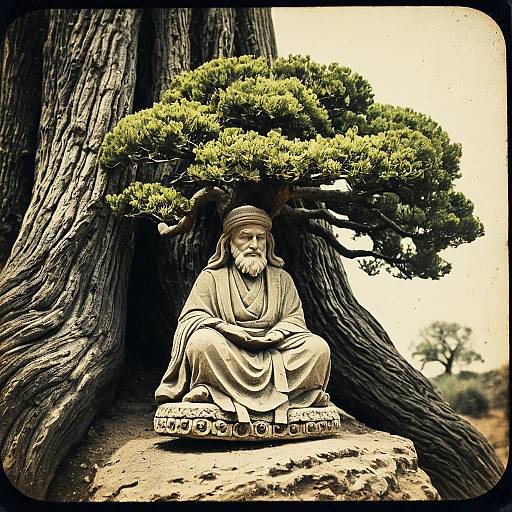 Sandstone Statue Under Bonsai Tree