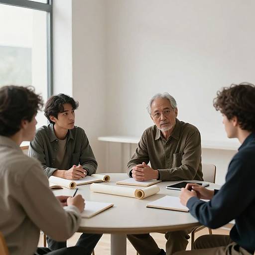 Photograph of four people, two men and two women, seated around a white table in a bright, modern room, discussing with rolled-up documents and