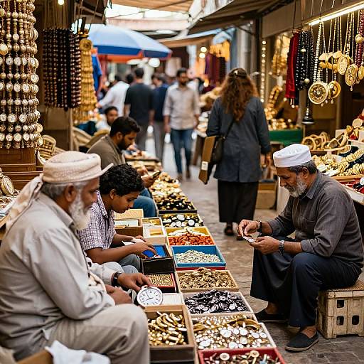 Photograph of a bustling Middle Eastern market, featuring three elderly men in traditional attire, sitting on the ground, selling jewelry and beads to passing customers under