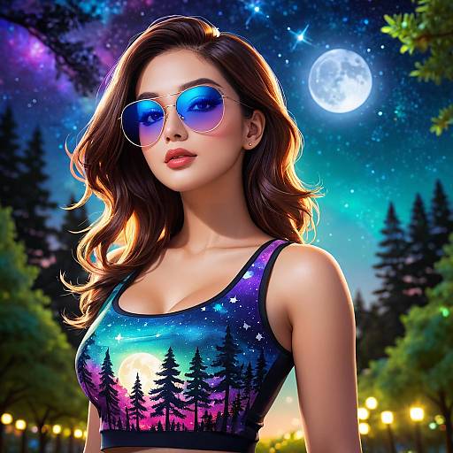 Digital portrait of a beautiful young woman with wavy brown hair, wearing blue mirrored sunglasses and a galaxy-patterned tank top, standing under a starry