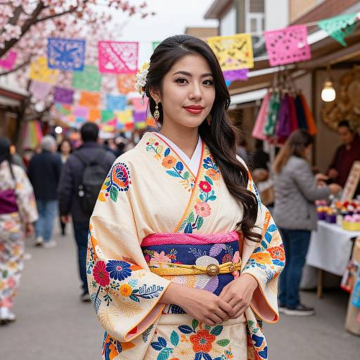 Photograph of an Asian woman with long black hair, wearing a colorful floral kimono, standing in a festive street market with hanging paper lanterns,