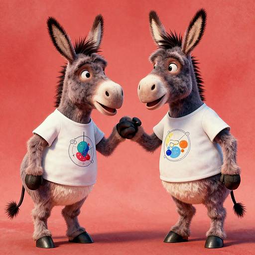 Photograph of two anthropomorphic, gray donkeys with black manes, wearing white shirts with colorful bear logos, shaking paws against a red background