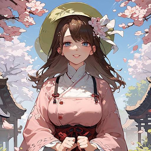 Anime Girl in Kimono with Cherry Blossoms
