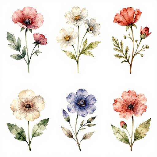 Watercolor illustration of nine delicate flowers: six red, two blue, one white, and one yellow, with green leaves, on white background.
