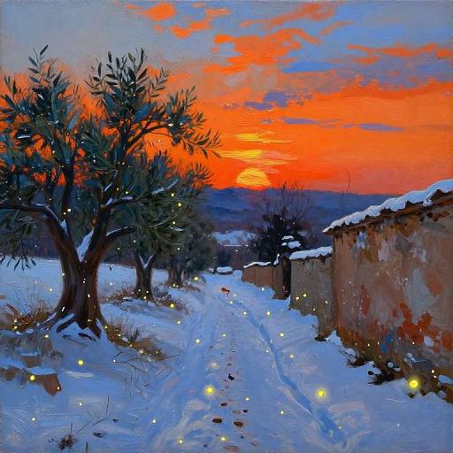 Digital painting of a snowy village path at sunset, with vibrant orange and blue sky, lit fairy lights, and snow-covered trees.