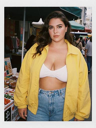Photograph of a plus-sized woman with long dark hair, wearing a yellow jacket, white bra, and high-waisted jeans, standing in a