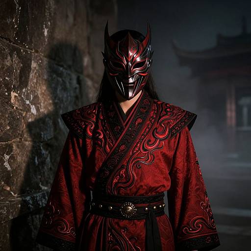 Photograph of a mysterious figure in a dark red, ornately embroidered kimono, wearing a black, horned mask, standing against a stone wall