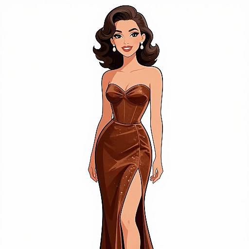 Digital illustration of a smiling woman with dark, wavy hair, wearing a strapless, dark brown, sparkling evening gown with a high slit, against