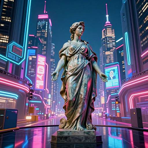 Neon-lit statue of a classical goddess in a flowing dress stands in a futuristic, cyberpunk cityscape with vibrant, glowing skyscrapers.