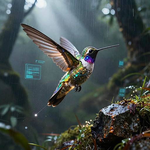 Photograph of a vibrant, iridescent hummingbird mid-flight in a rainforest, illuminated by sunlight, with digital overlays and sparkling raindrops.