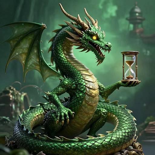 Digital illustration of a fierce, green dragon with yellow eyes holding a glowing hourglass, set in a dimly lit, mystical cave.