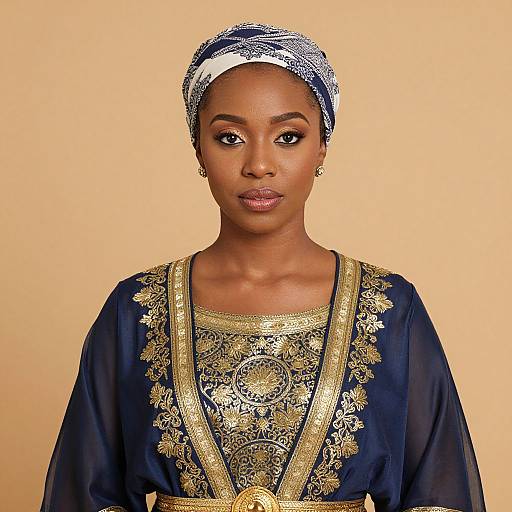 Woman in Blue and Gold Dress