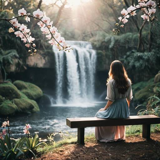 Woman Sitting by Waterfall in Nature