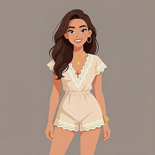 Digital illustration of a smiling woman with long dark hair, wearing a white lace-trimmed romper, gold jewelry, and bracelets, against a gray