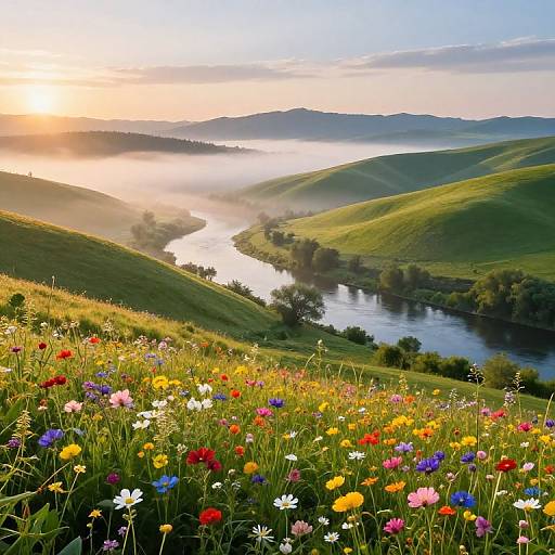Sunrise over rolling green hills, mist over winding river, colorful wildflowers in foreground, vibrant landscape, clear sky, serene morning light.
