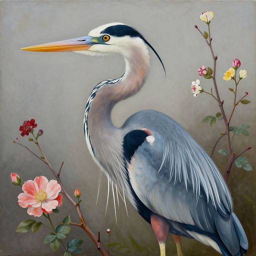 Digital painting of a graceful heron with blue-gray feathers, black and white head, and long orange beak, surrounded by colorful flowers.