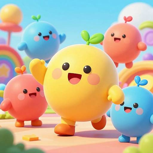 Bright CGI image of cheerful, round, colorful blob characters with cute faces, waving in a sunny, cartoonish landscape with rainbow and flowers.