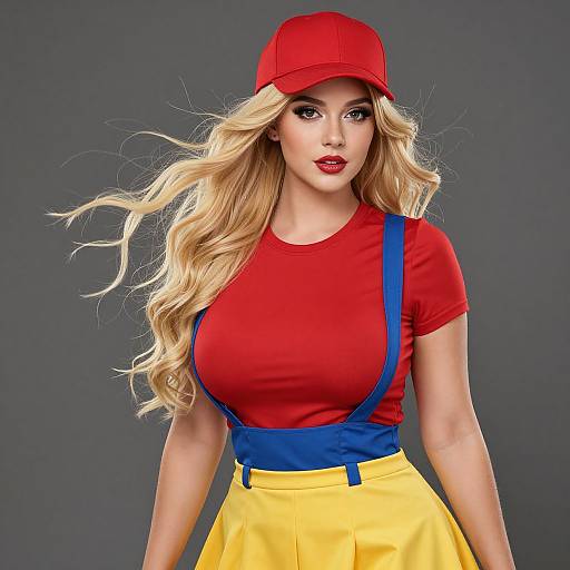 Photograph of a blonde woman with wavy hair, red cap, red shirt, blue suspenders, yellow skirt, against a gray background.