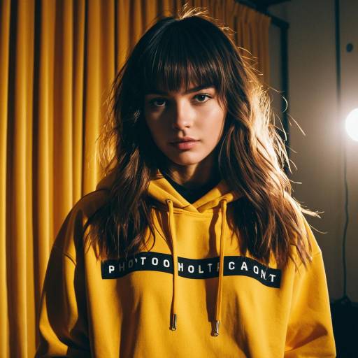 Young Woman with Curtain Bangs Wearing Yellow Hoodie