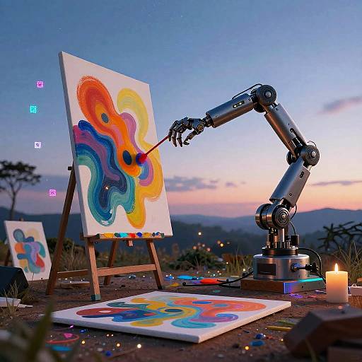 Photograph of a sunset outdoor painting scene with a robotic arm painting on canvas, colorful abstract swirls, candles, and palette on wooden easel.