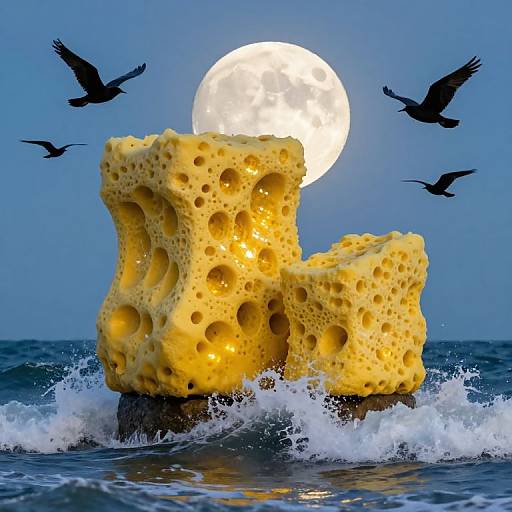 Photograph of a large, yellow, holey sponge sculpture floating in ocean waves under a full moon, with silhouetted birds flying nearby.