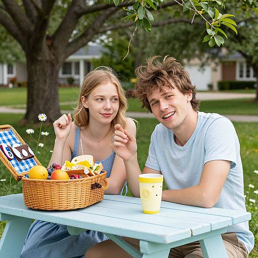 Photograph of a young couple sitting at a light blue picnic table, sharing a wicker basket of fruits and a drink, outdoors with a tree and