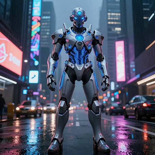 CGI image of a futuristic, blue-accented robotic warrior standing in a neon-lit, rainy urban street, surrounded by glowing billboards and