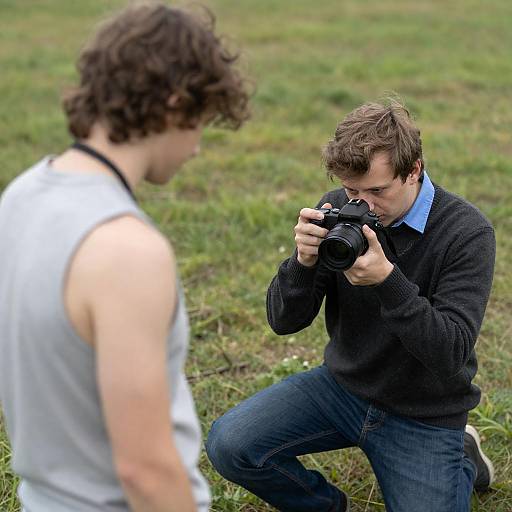 Man Kneeling to Take Photograph Outdoors