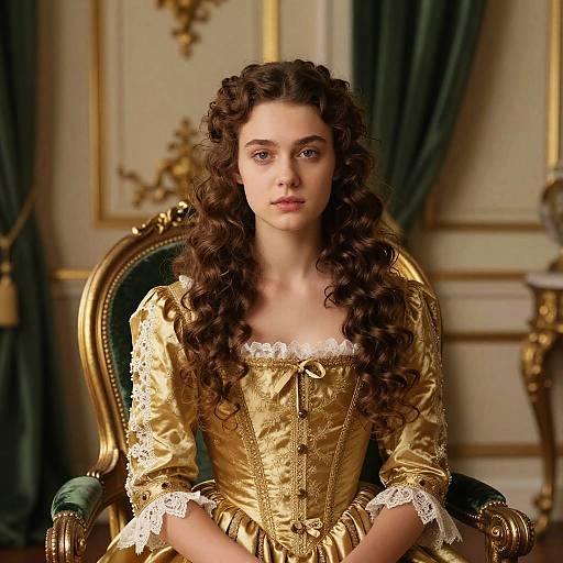 Photograph of a young woman with long, curly brown hair, wearing a golden Renaissance-style dress, sitting on an ornate green and gold chair in