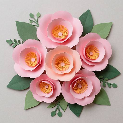 Photograph of six pink paper flowers with yellow centers, surrounded by green leaves, creating a delicate, symmetrical bouquet.