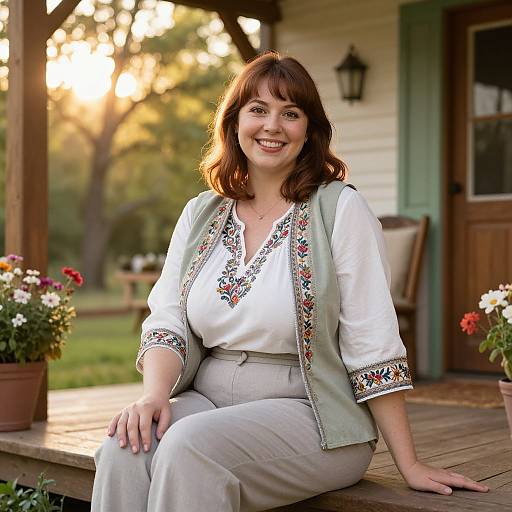 Cheerful Woman on Cozy Countryside Porch