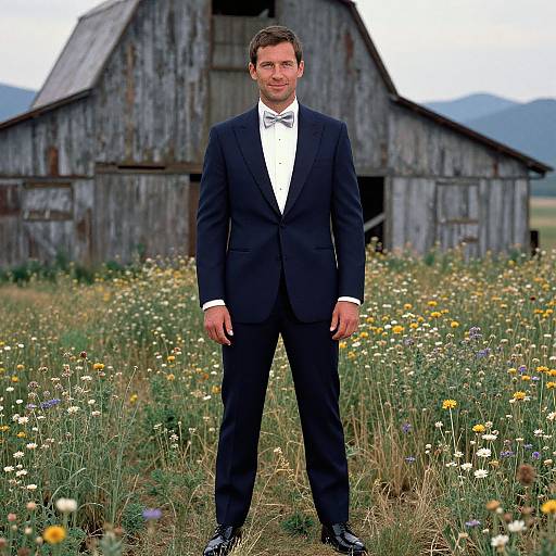 Photograph of a smiling man in a black tuxedo with a bow tie standing in a wildflower field in front of a rustic, weathered