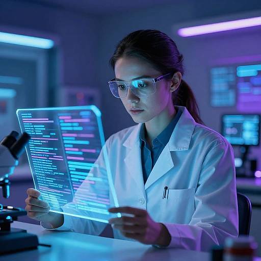 Photograph of a focused, brunette woman in a white lab coat, wearing clear glasses, holding a glowing blue holographic tablet in a futuristic laboratory with