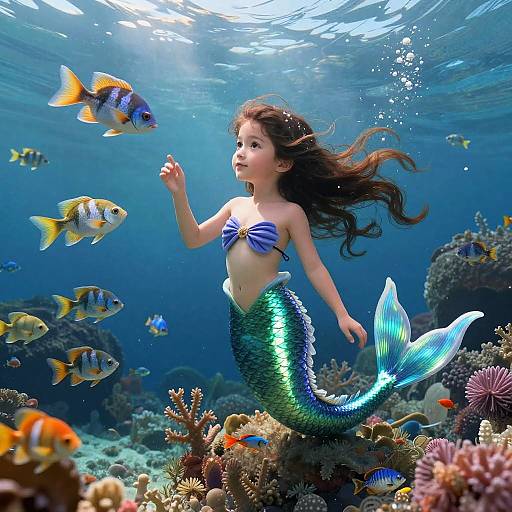 Photograph of a young Asian mermaid with a blue and green tail, blue striped top, floating underwater surrounded by colorful fish and coral. Sunlight
