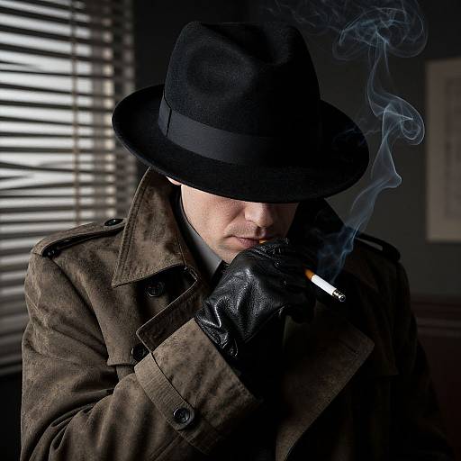 Mysterious man in black fedora, brown trench coat, black gloves, smoking cigarette, with swirling smoke, illuminated by window blinds.
