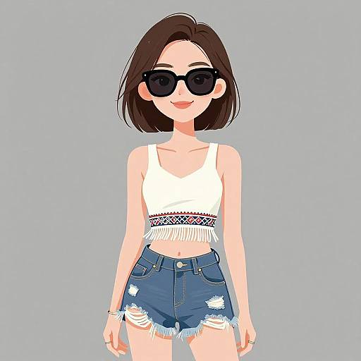 Digital illustration of a young woman with short brown hair, wearing black sunglasses, white crop top with fringe, and frayed blue denim shorts, against a