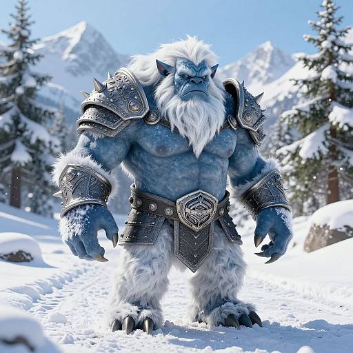 Digital artwork of a muscular, blue-skinned, snow-haired orc warrior with white fur, dark armor, and mountainous snow-covered forest background.